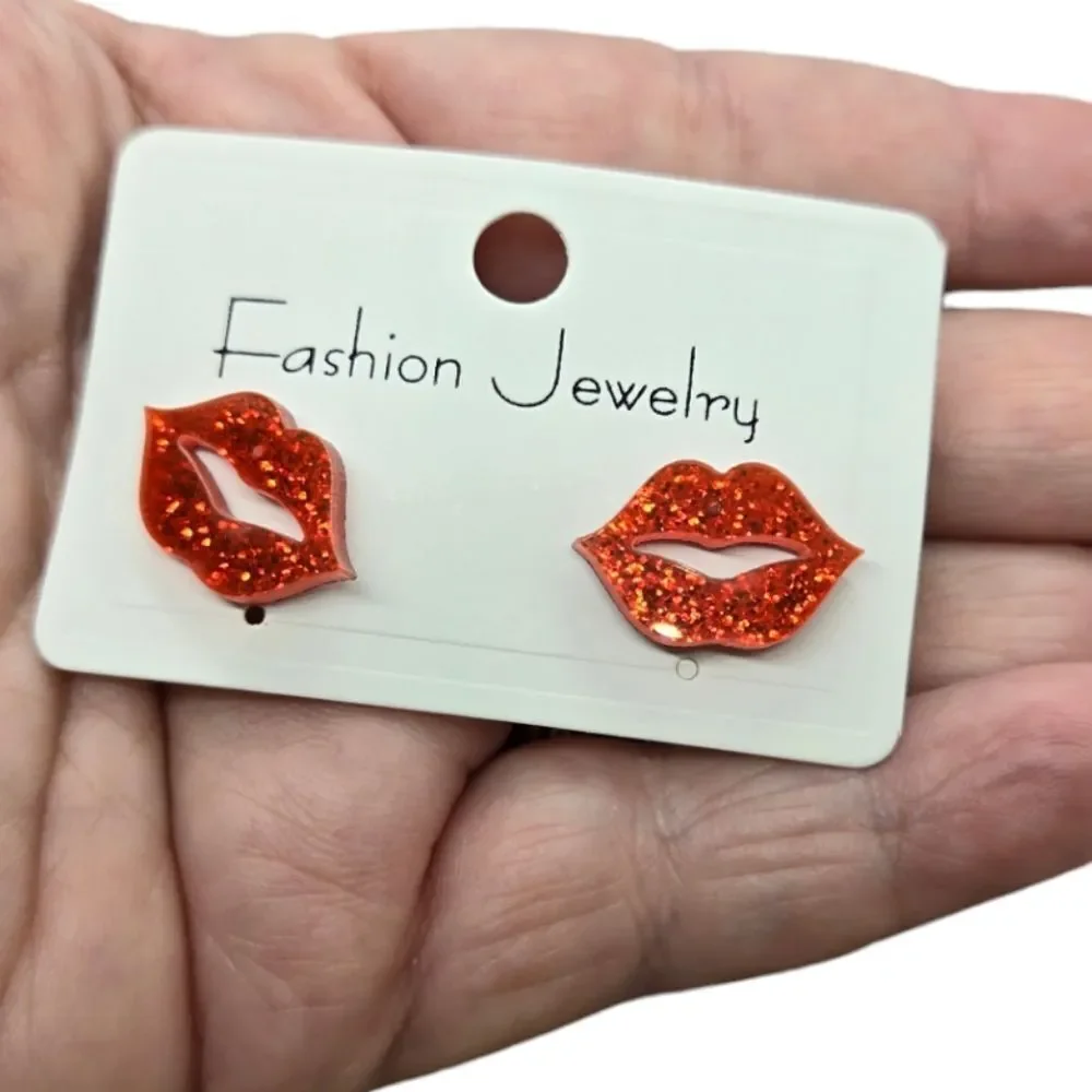 Red Glitter Lip Stud Earrings Tiny Sparkly Kiss Playful Acrylic Girl's Night